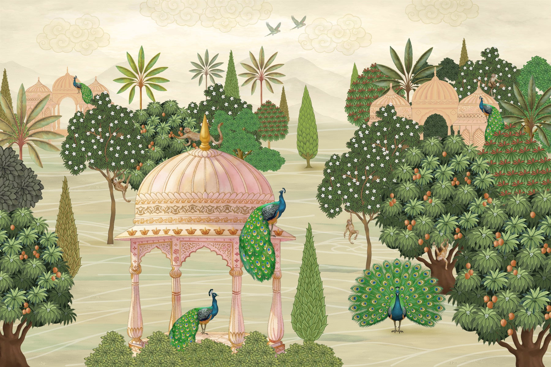 Royal Garden Peacocks and Temples Wall Mural