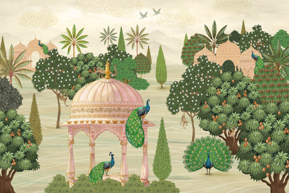 Royal Garden Peacocks and Temples Wall Mural in your room