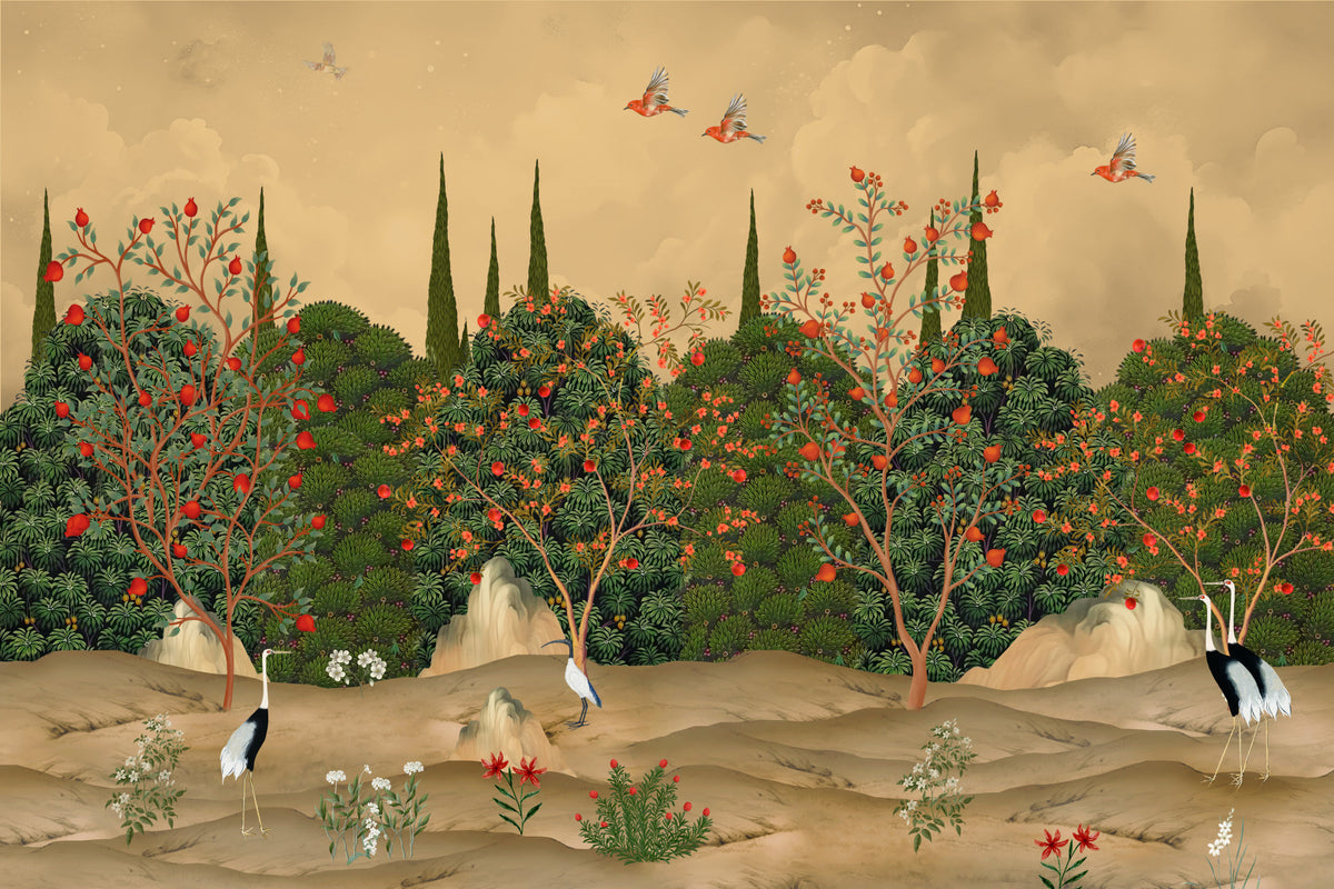 Botanical Pomegranate Orchard Illustration Wall Mural in your room