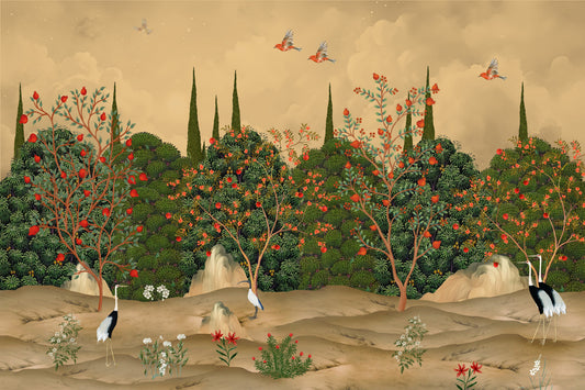 Botanical Pomegranate Orchard Illustration Wall Mural