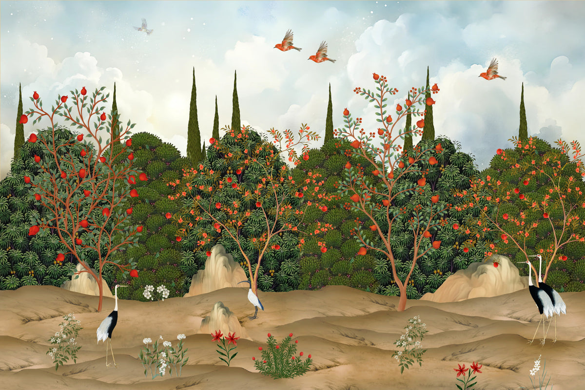 Orchard of Cranes and Pomegranates Wall Mural in your room — zoomed