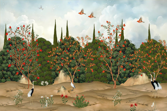 Orchard of Cranes and Pomegranates Wall Mural
