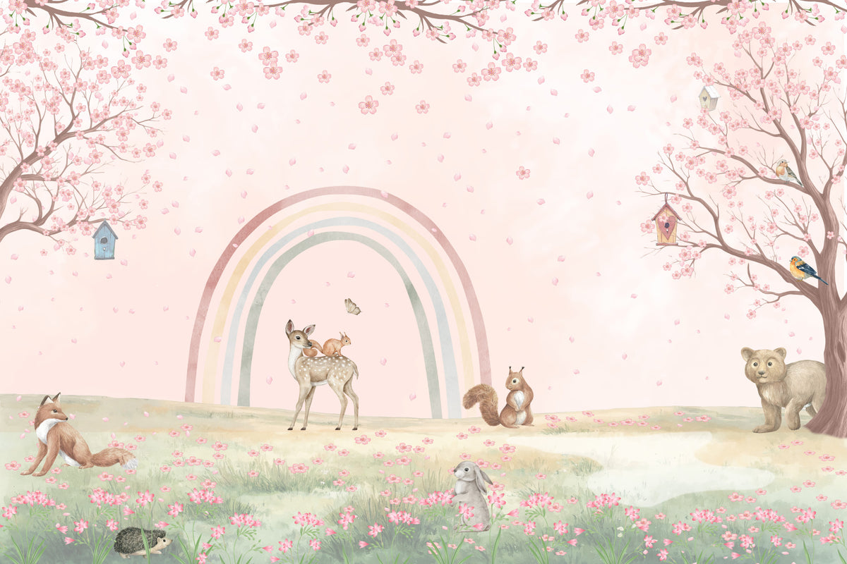 Whimsical Forest Friends with Soft Rainbow Wall Mural in your room