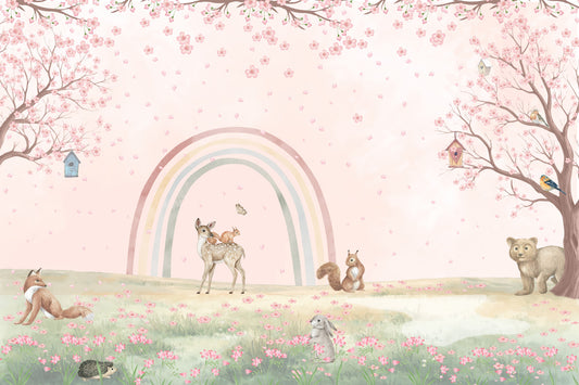 Whimsical Forest Friends with Soft Rainbow Wall Mural