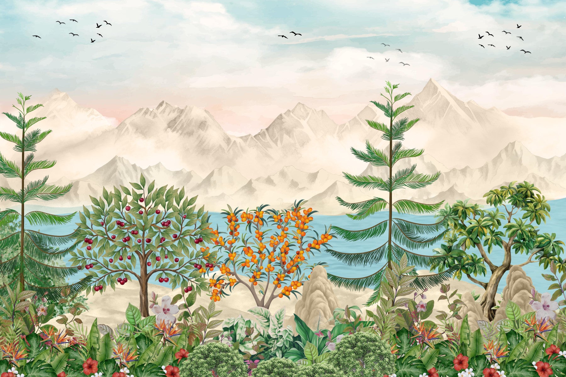 Serene Mountain Orchard Vista Wall Mural