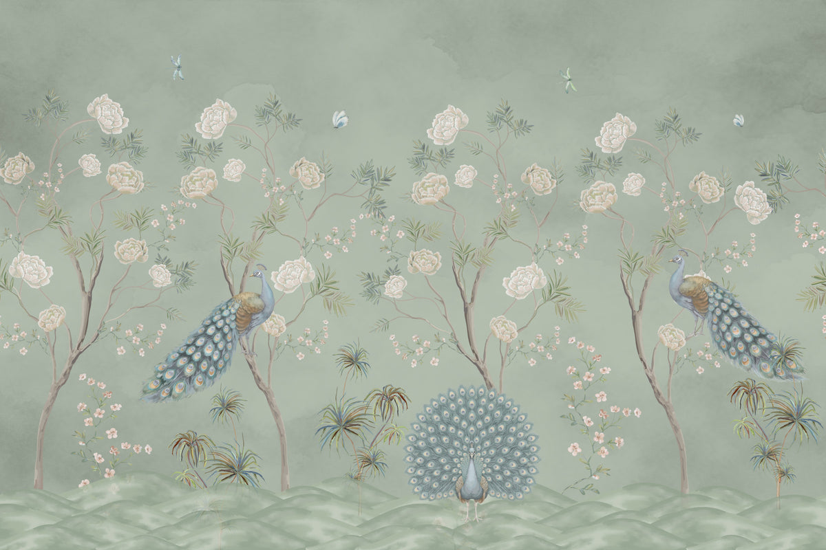 Sage Garden Peacock Scene Wall Mural in your room