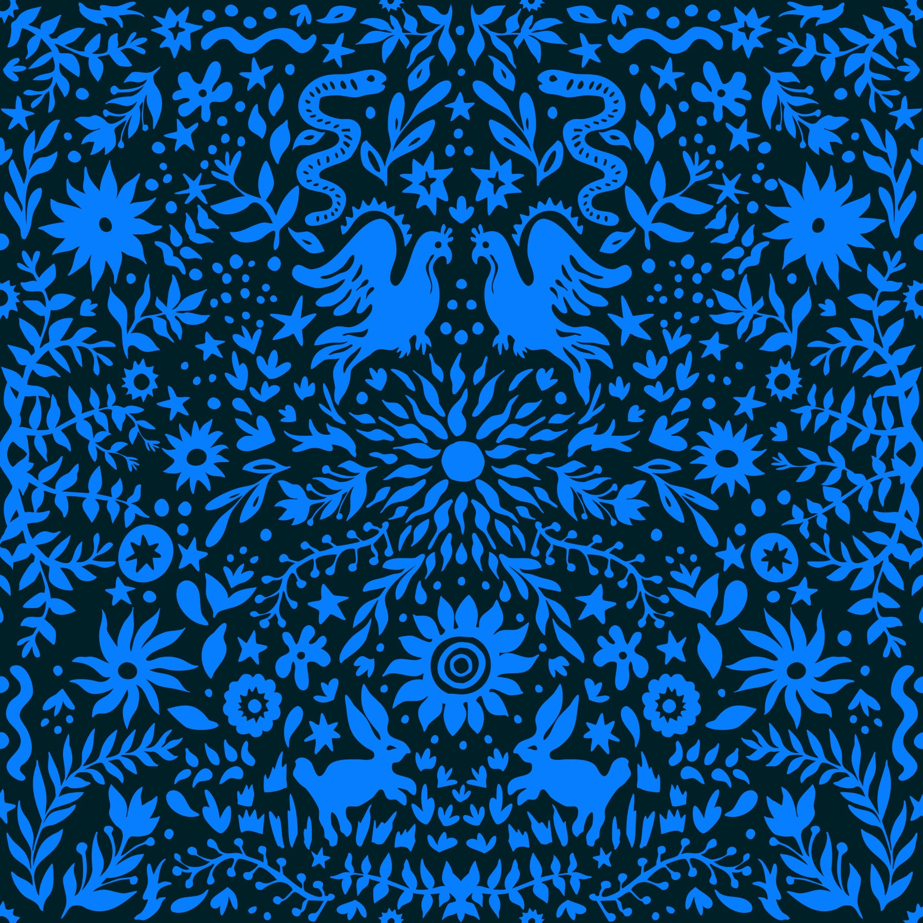 Cobalt folk art wallpaper behind a cream sofa and accent chair with a round table GD12263