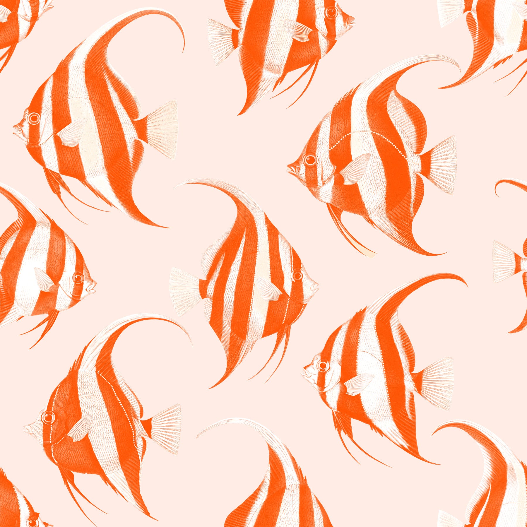 Orange angelfish wallpaper in a playroom with animal shaped wooden tables and toy cars GD12275