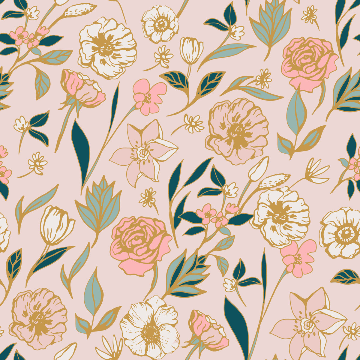 Soft Blush Botanical Garden Illustration Wallpaper⁠ in your room