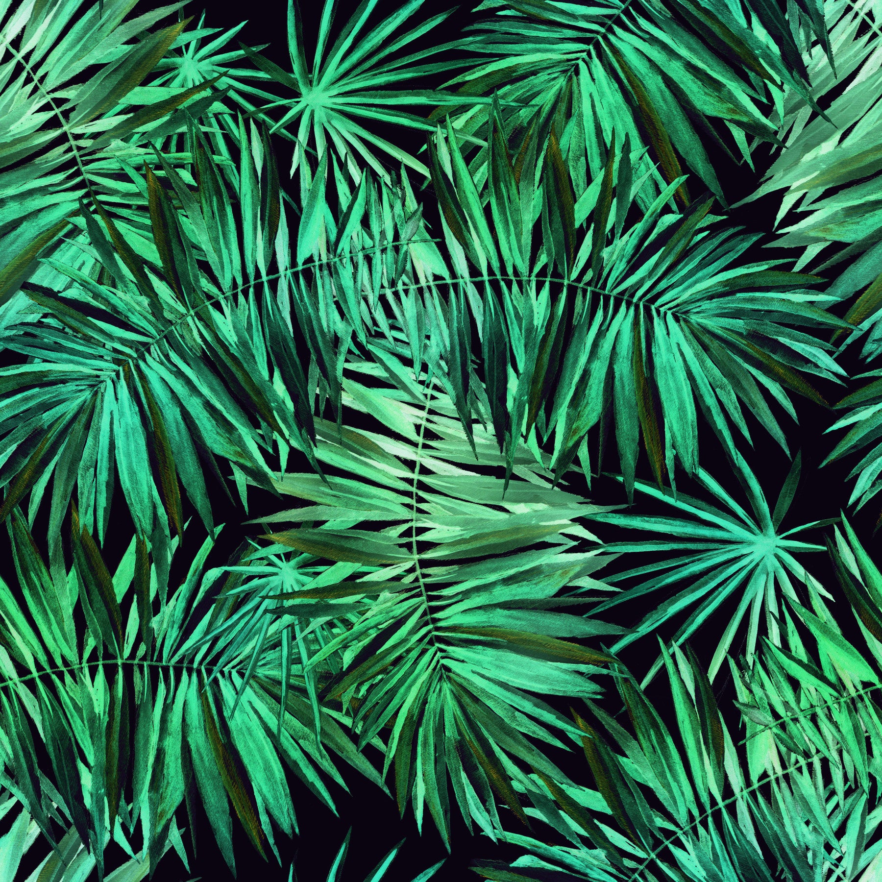 Green tropical palm canopy wallpaper behind a white sofa on a checkerboard tile rug GD12296