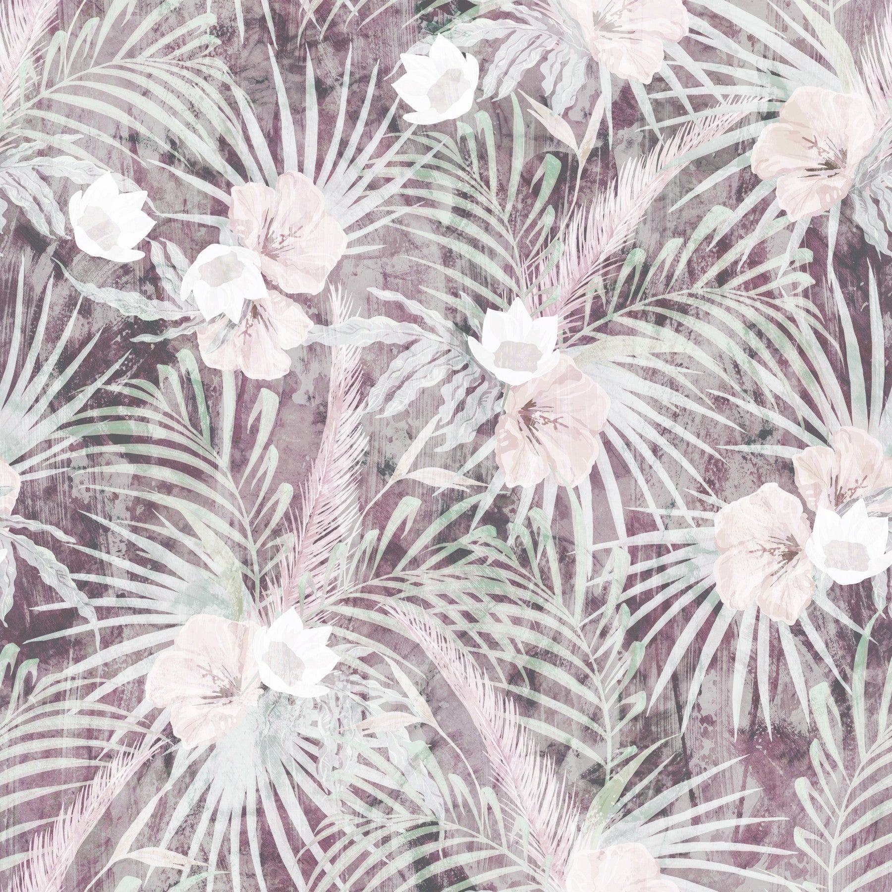 Muted Tropical Palm and Floral Drift Wallpaper⁠