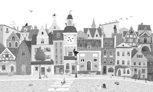 Feline Street Scene Monochrome Illustration Wall Mural