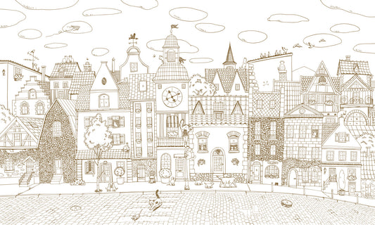 Whimsical Feline Village Scene Wall Mural