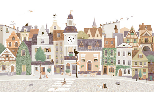 Whimsical Cat and Dog Village Townscape Wall Mural