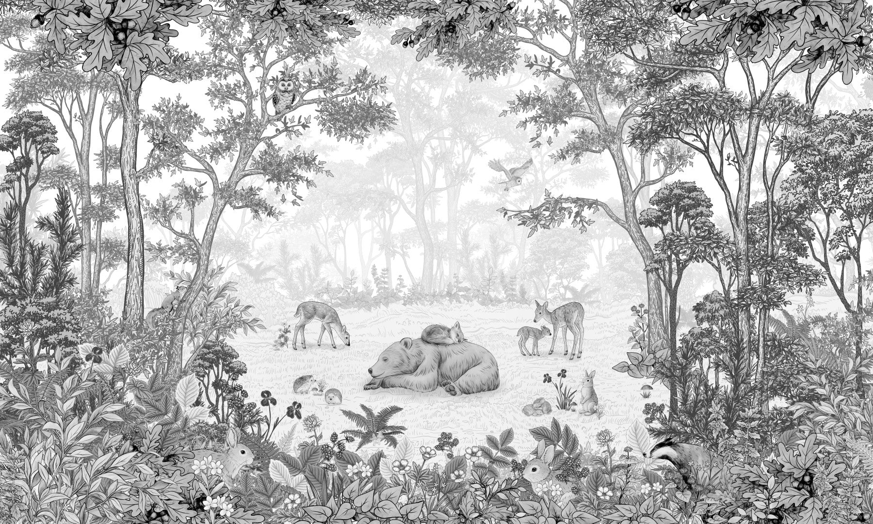 Woodland wildlife wall mural behind a white bed and bookshelves in a bright nursery GD12399