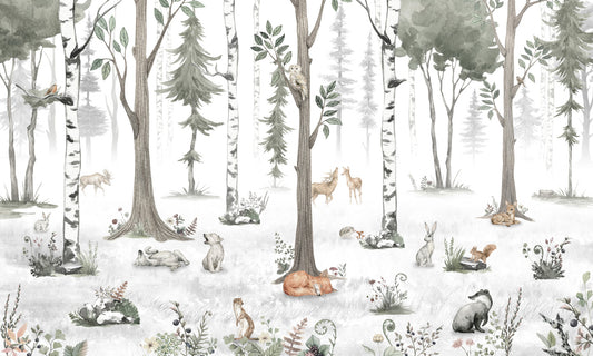 Misty Woodland Animal Gathering Wall Mural