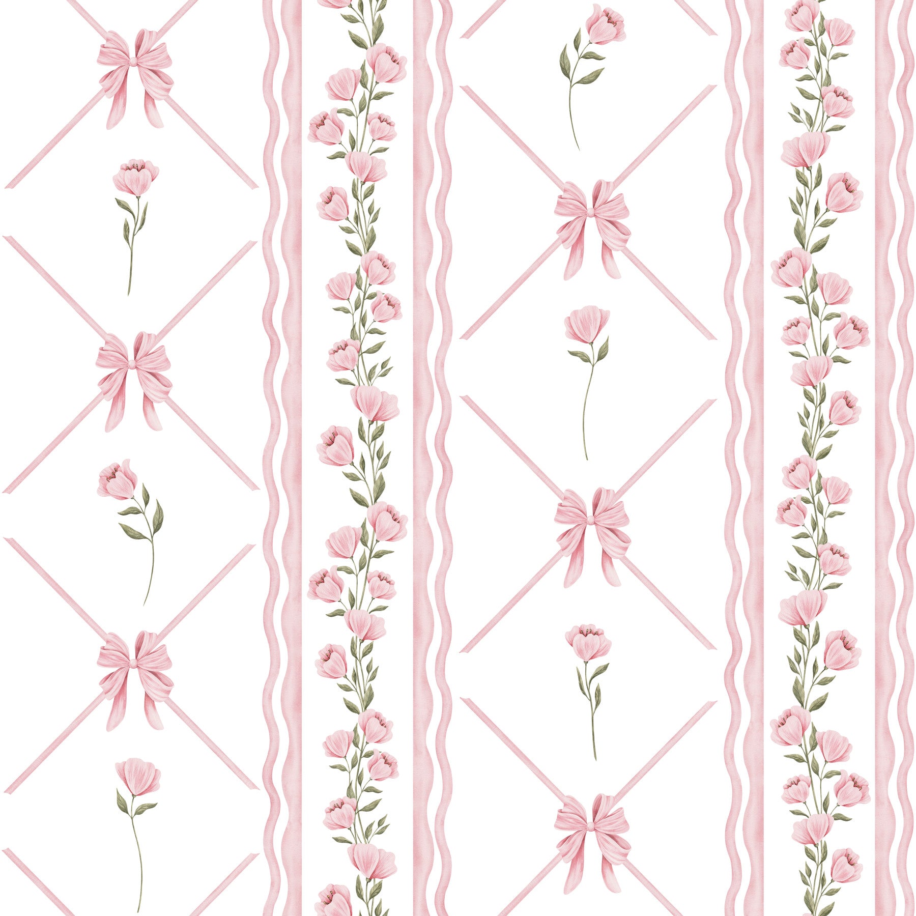 Soft Pink Ribbon and Floral Trellis Wallpaper⁠