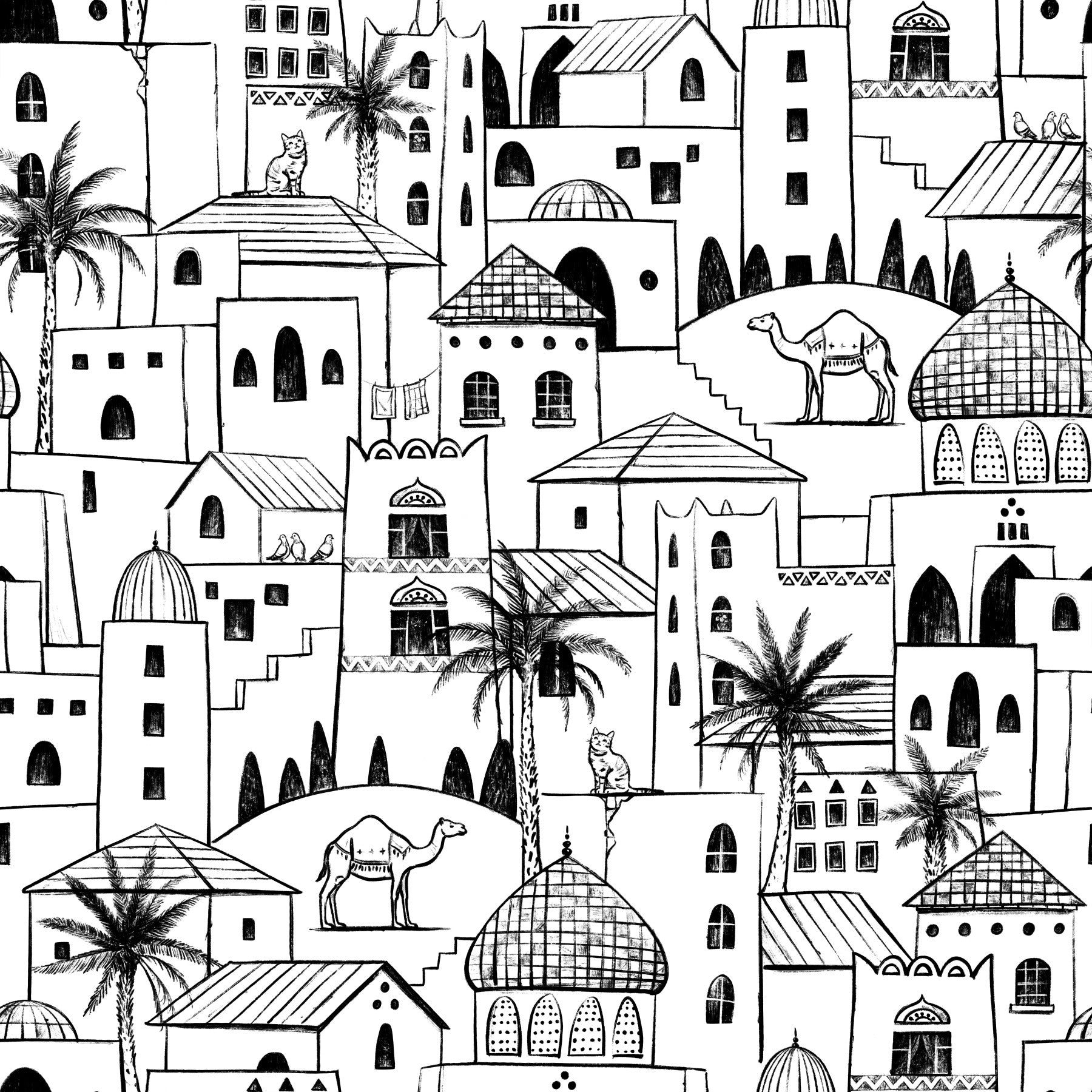 Middle Eastern Desert Town Sketch Wallpaper⁠