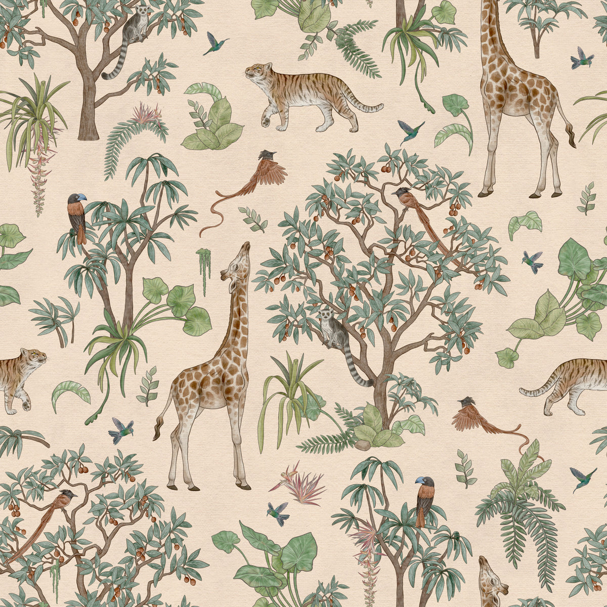 Safari Wildlife Jungle Sketch Wallpaper⁠ in your room — zoomed