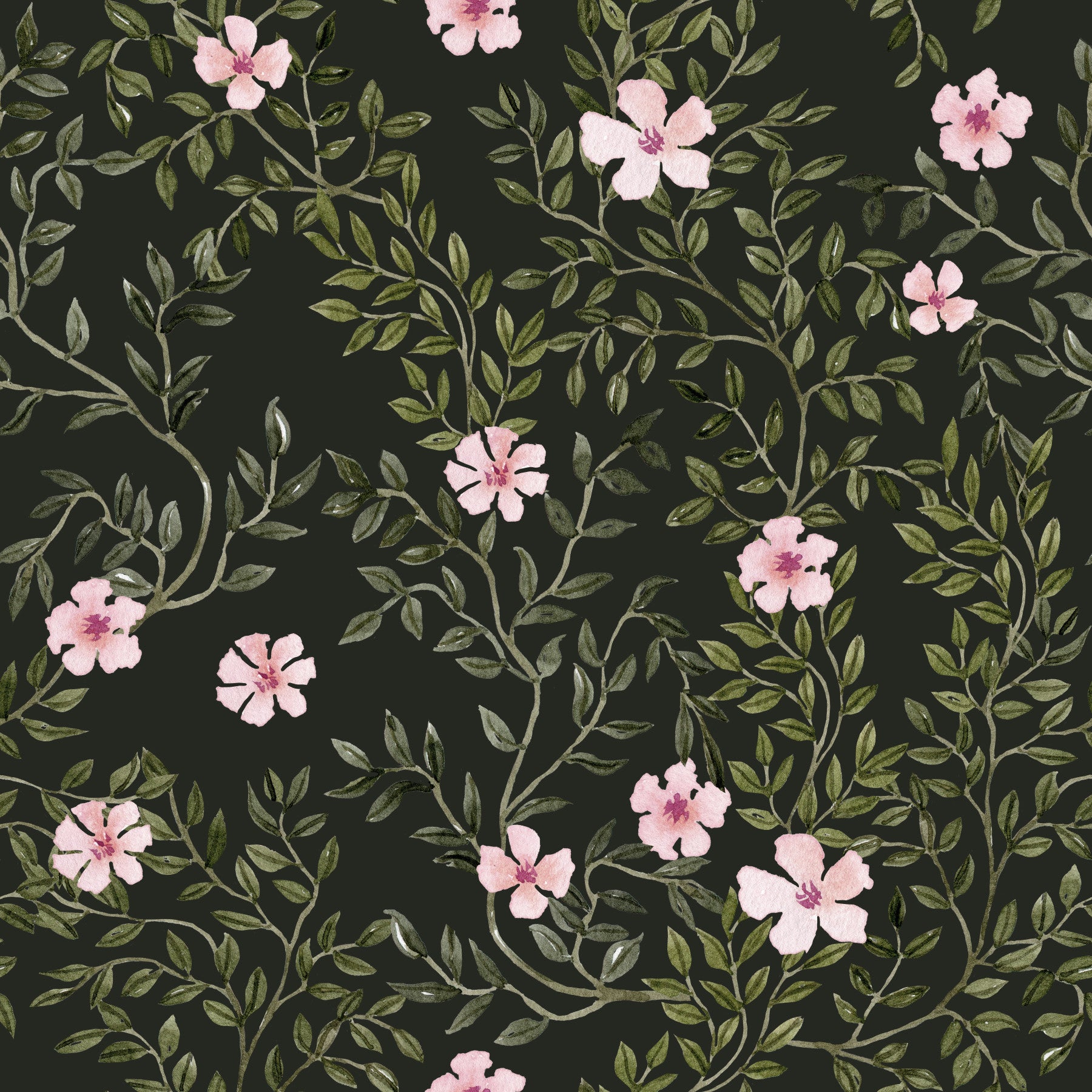 Soft pink floral vines charcoal wallpaper behind a grey sofa with knit throw and round side tables GD12467