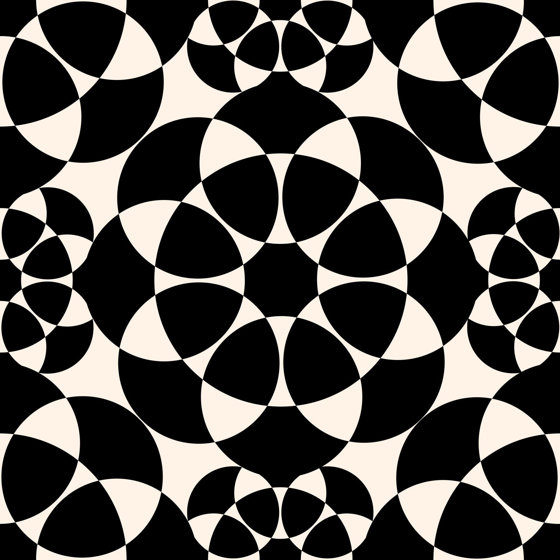 Black and cream geometric circle grid wallpaper in a dining room with grey chairs GD12506