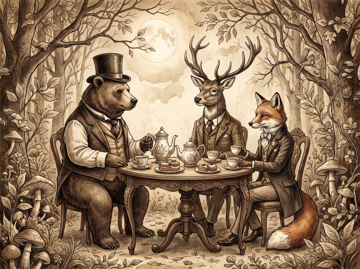 Woodland Tea Party in Sepia Wall Mural in your room