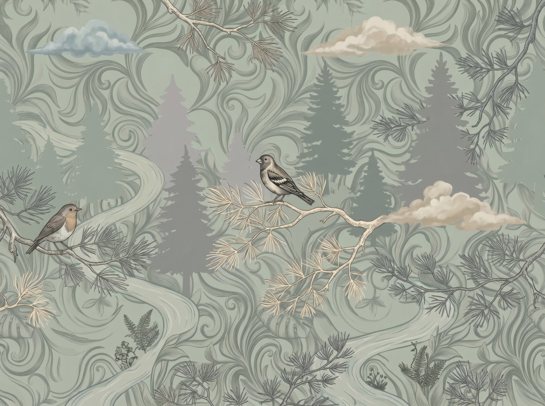 Misty Pine Forest Aviary Wall Mural