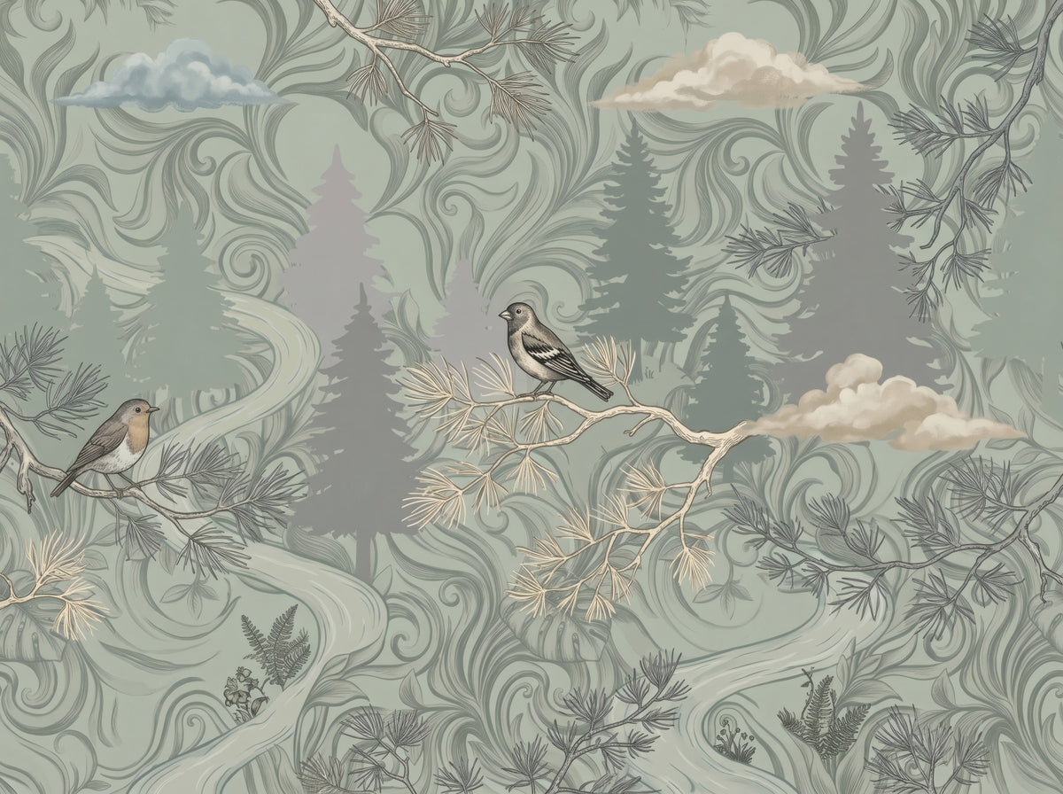 Misty Pine Forest Aviary Wall Mural in your room — zoomed