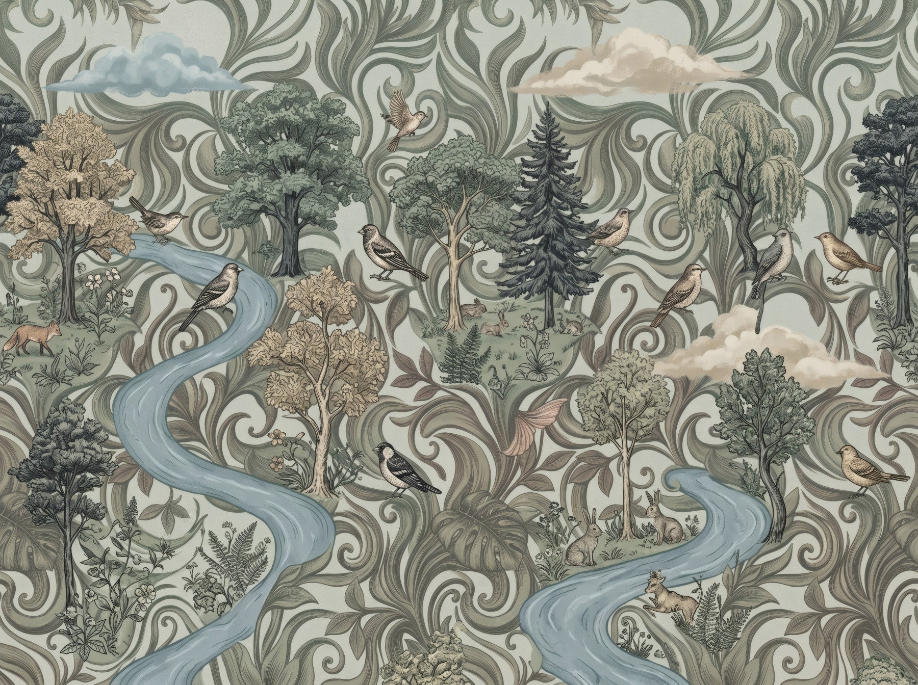 Misty Forest River Escape Wall Mural