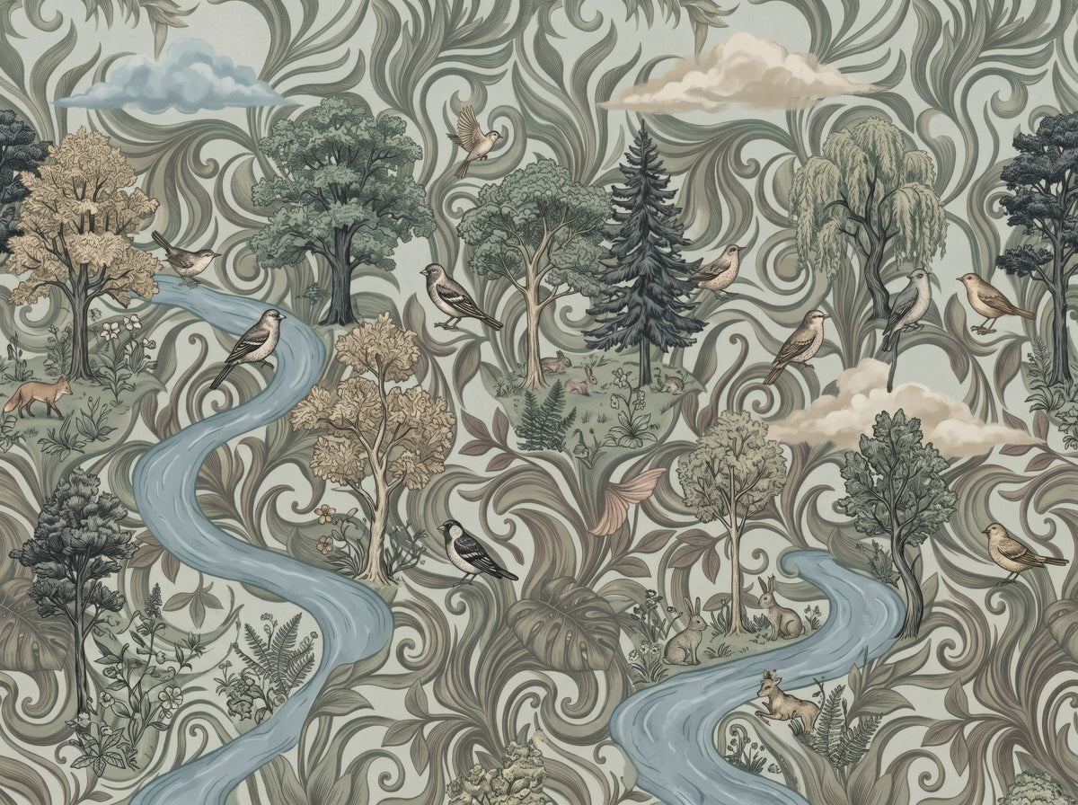 Misty Forest River Escape Wall Mural in your room