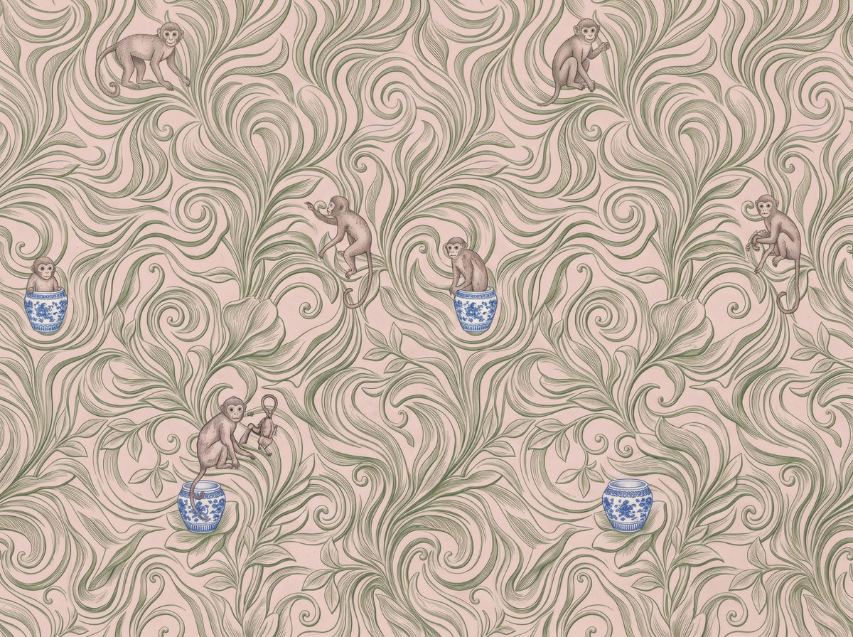 Playful Monkeys in Porcelain Vases Wall Mural