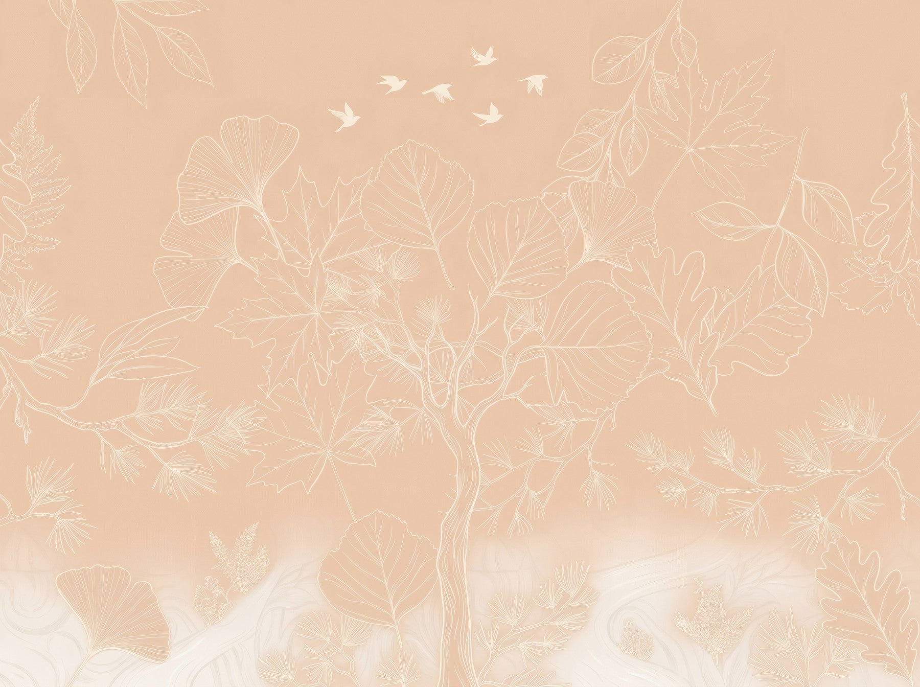 Serene Peach Botanical Line Art Wall Mural