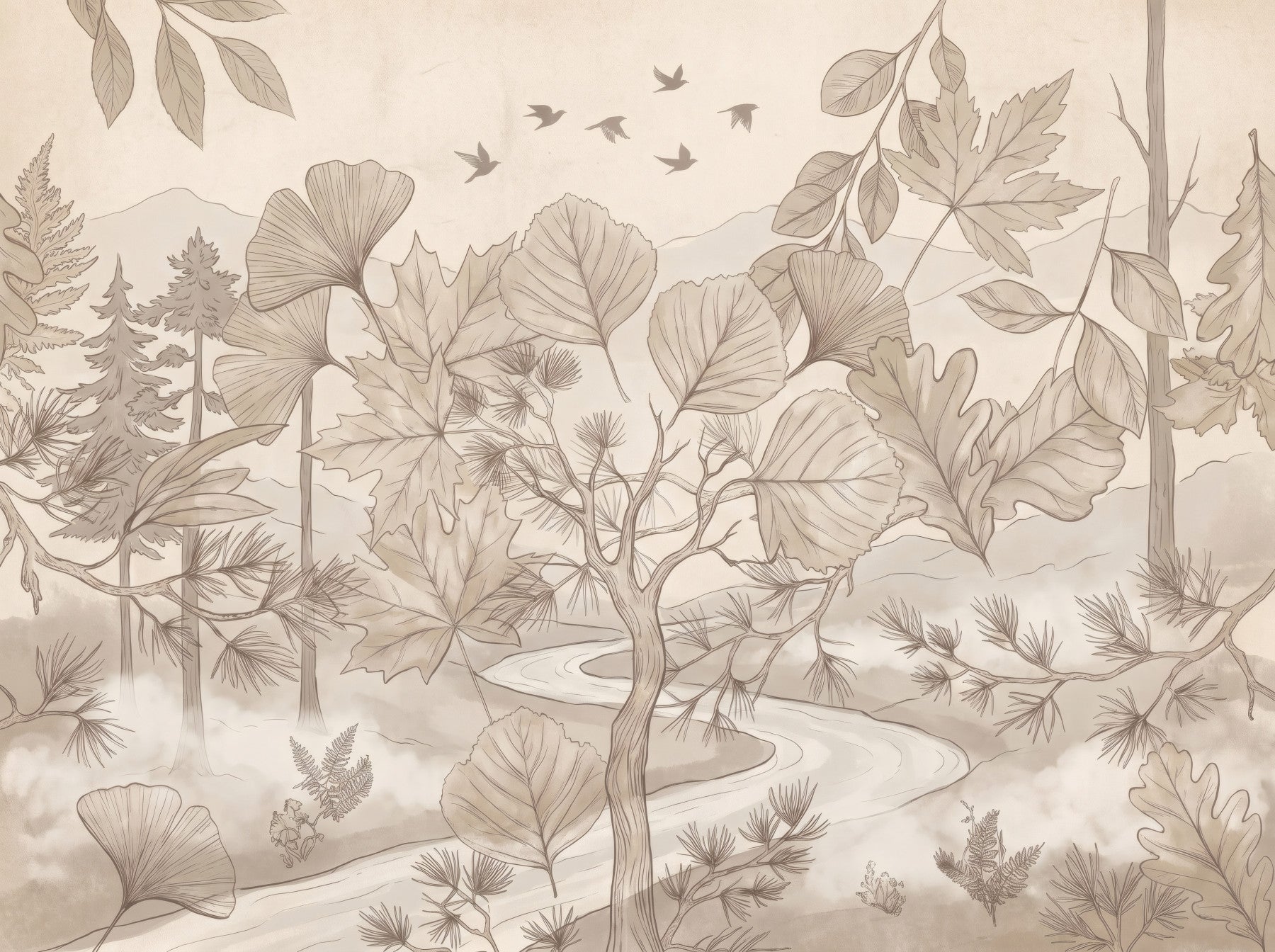 Sepia Forest Trail Artwork Wall Mural