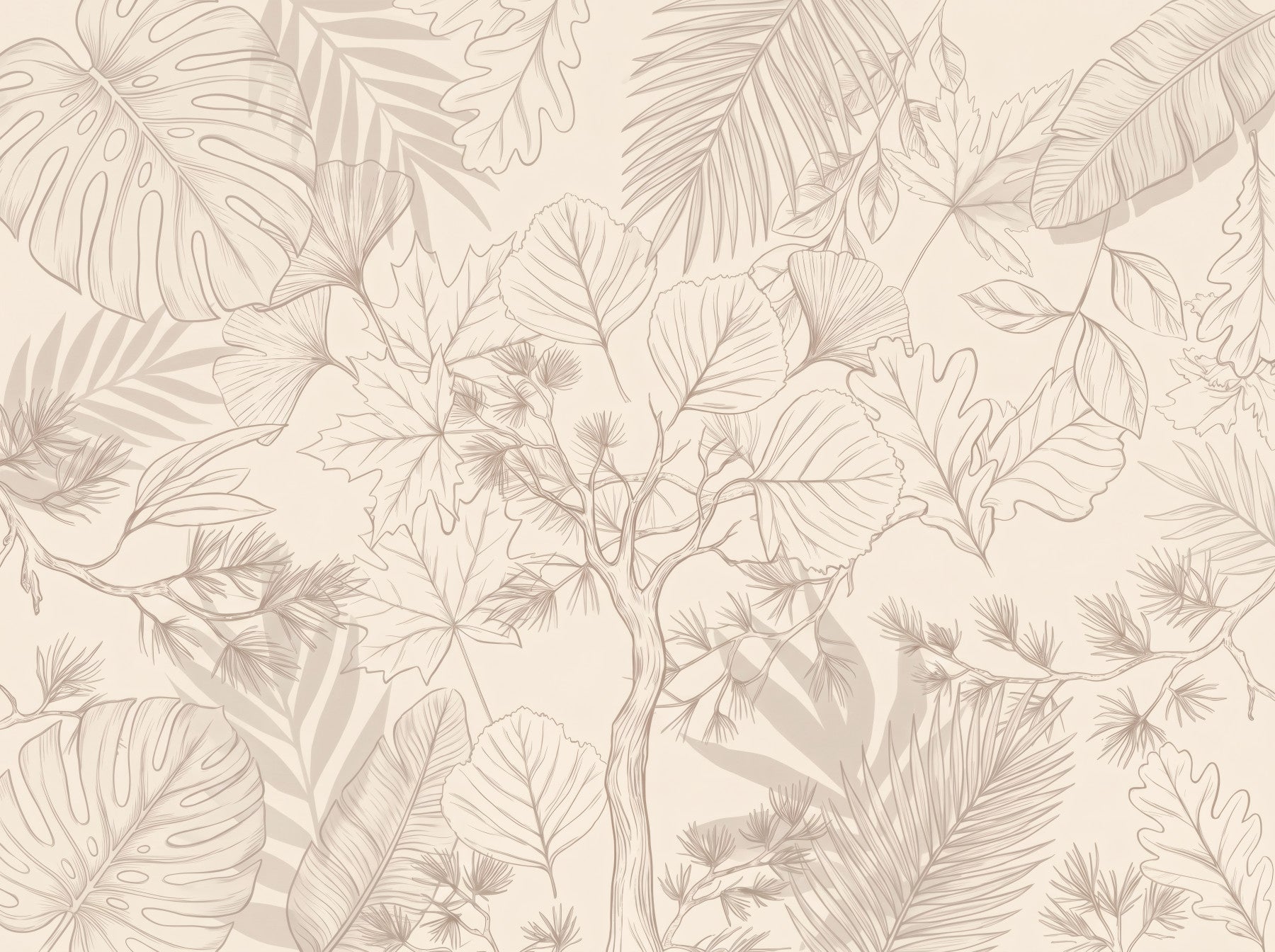 Cream Botanical Leaf Sketch Wall Mural