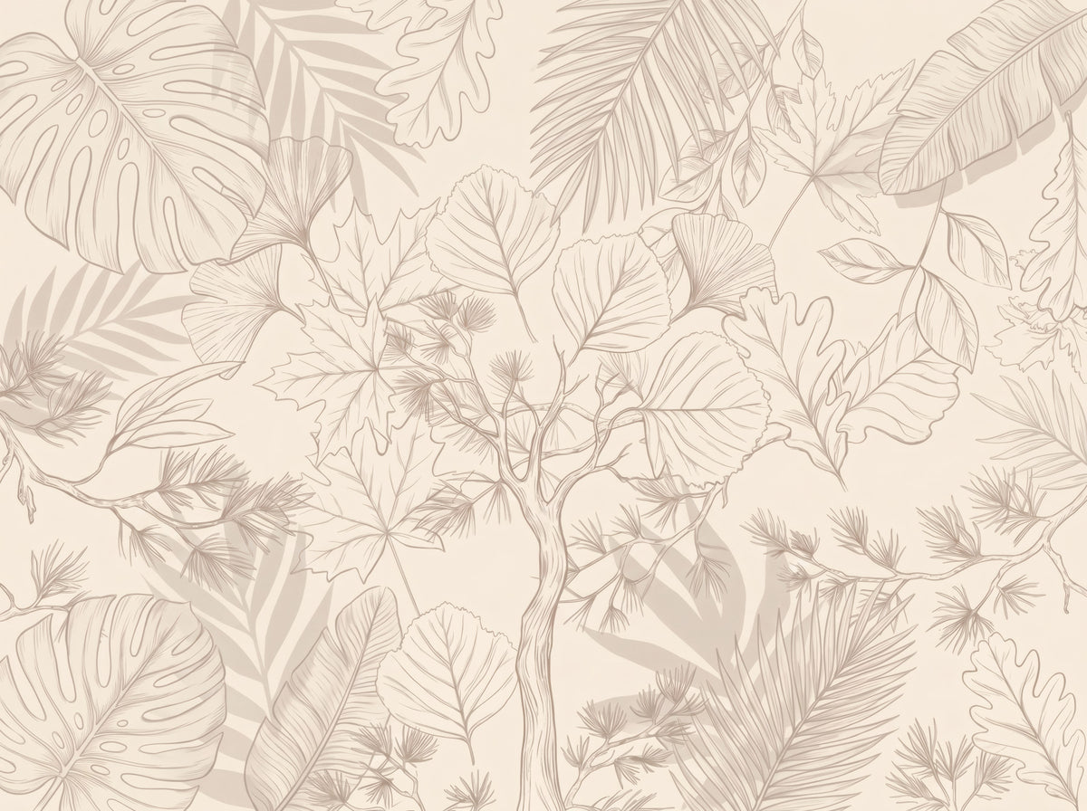 Cream Botanical Leaf Sketch Wall Mural in your room — zoomed