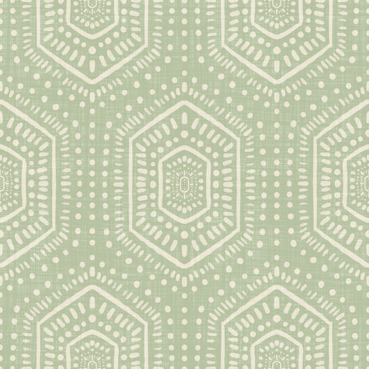 Boho Painted - Abstract Mudcloth Hexagons Tribal Geometric Pattern Chopped Dill Wallpaper⁠