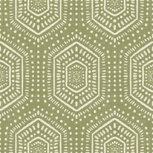 Boho Painted - Abstract Mudcloth Hexagons Tribal Geometric Pattern Meadow Green Wallpaper⁠
