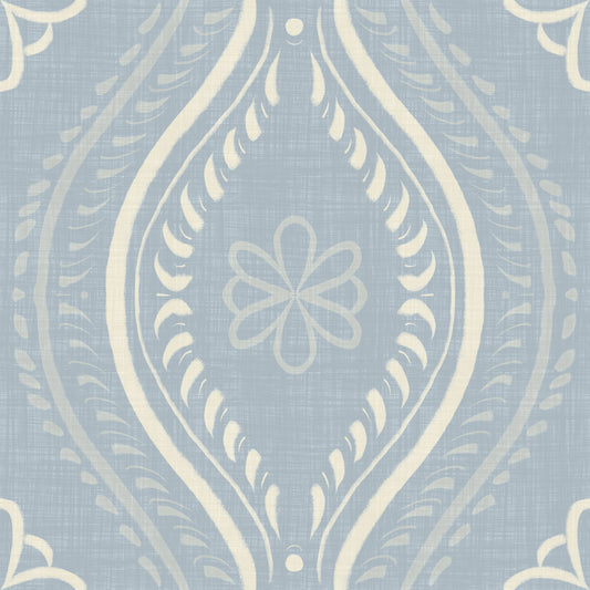 Faded Ogee Damask - French Country Blue Wallpaper⁠