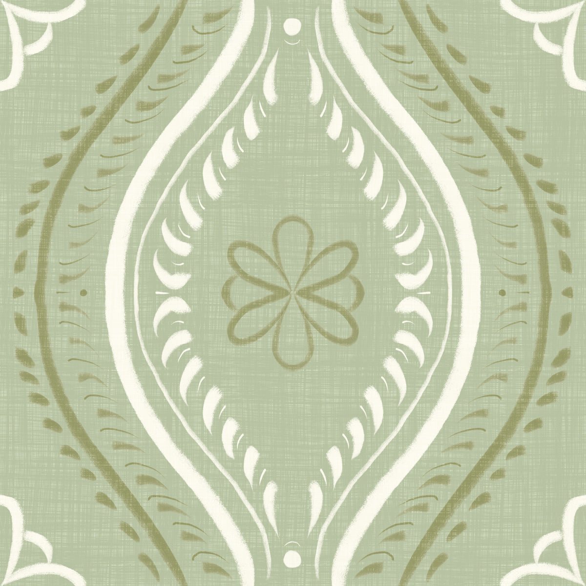 Faded Ogee Damask - Grandmillennial Green Wallpaper⁠ in your room — zoomed