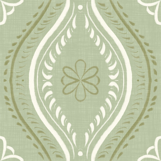 Faded Ogee Damask - Grandmillennial Green Wallpaper⁠