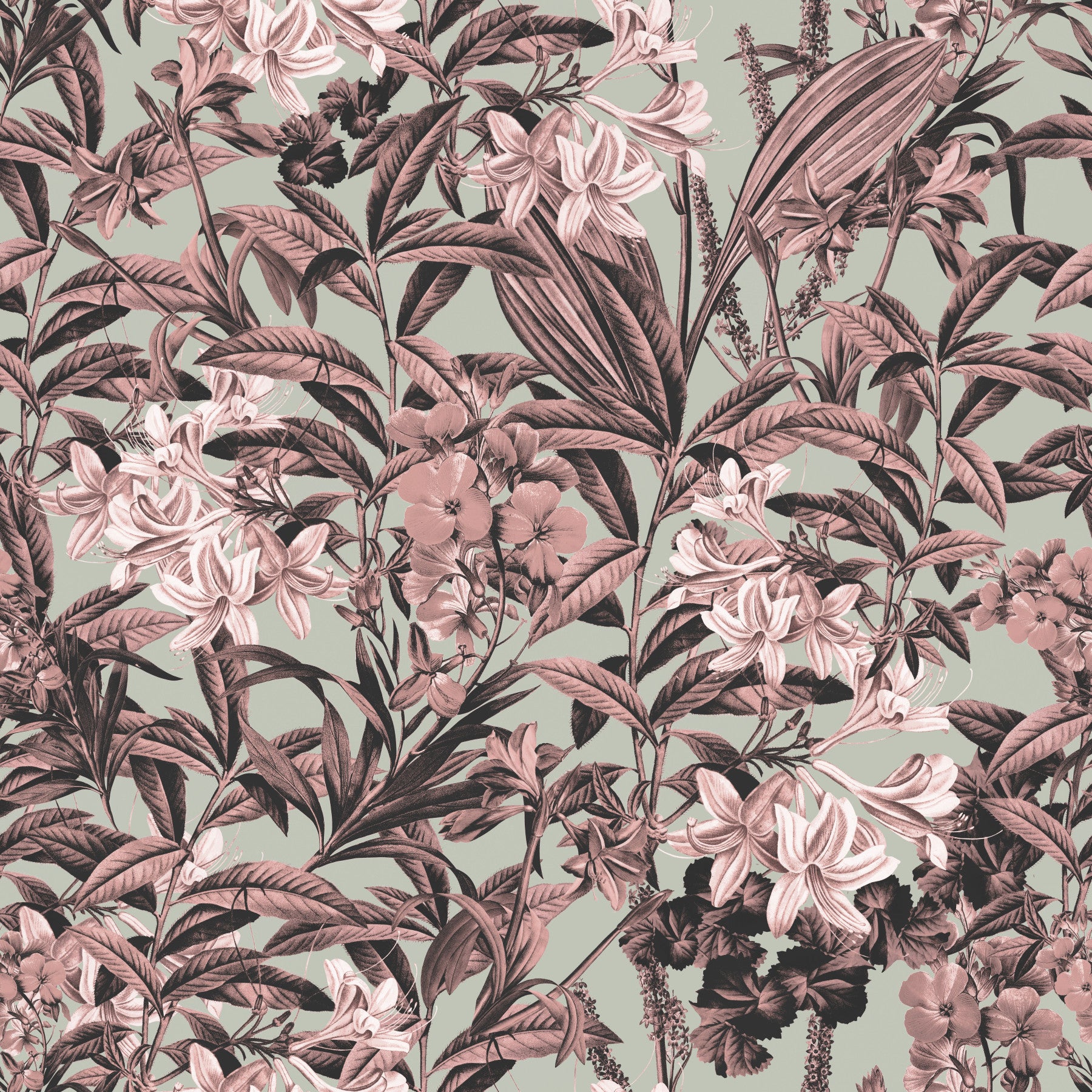 Muted Sage and Rose Garden Motif Wallpaper⁠