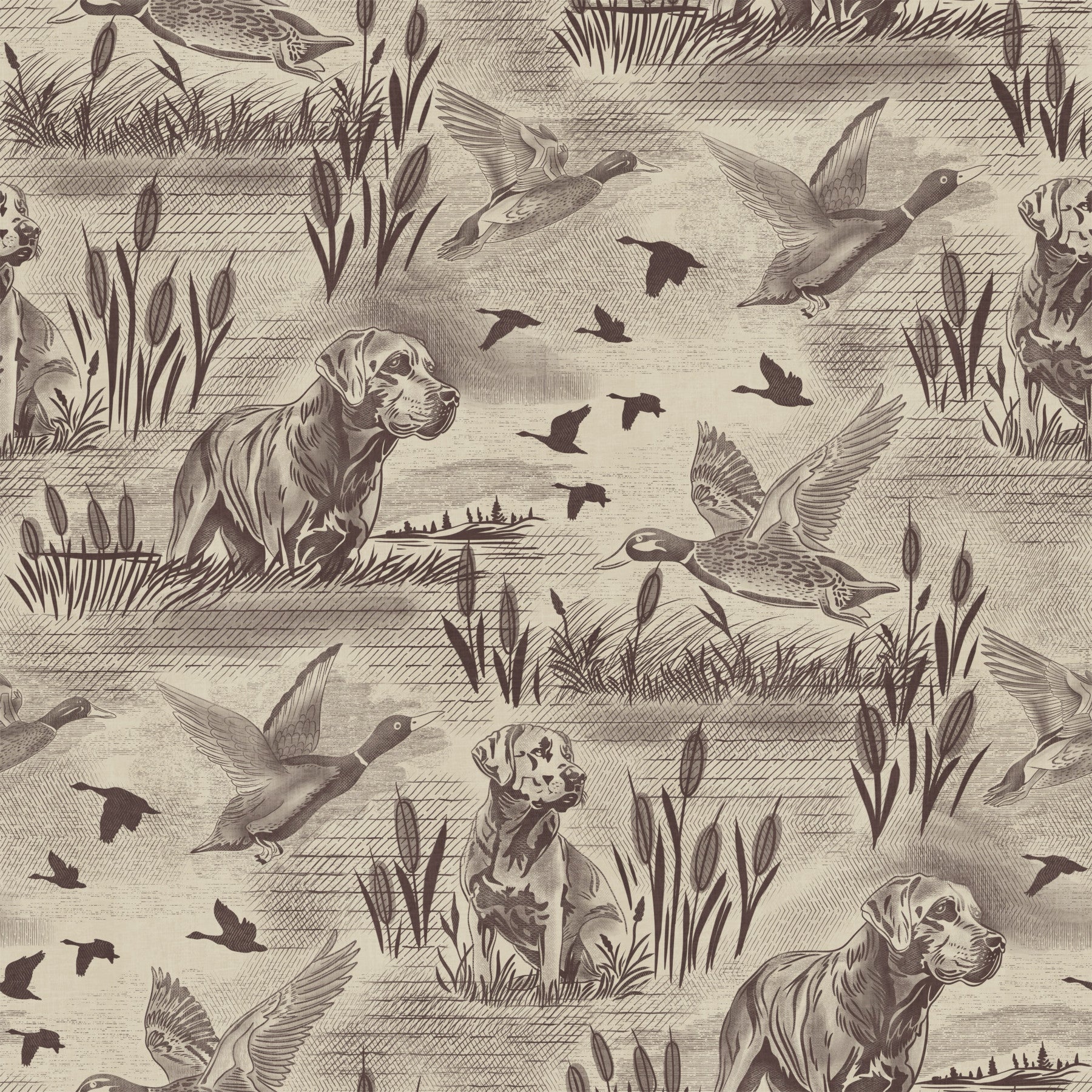 Wildlife toile wallpaper behind a grey sectional and TV console in a bright living room GD12742