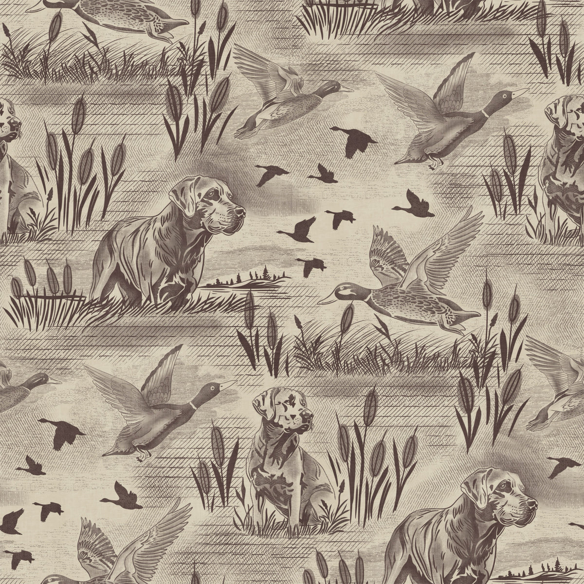 Etched Wildlife Meadow and Retriever Pattern Wallpaper⁠