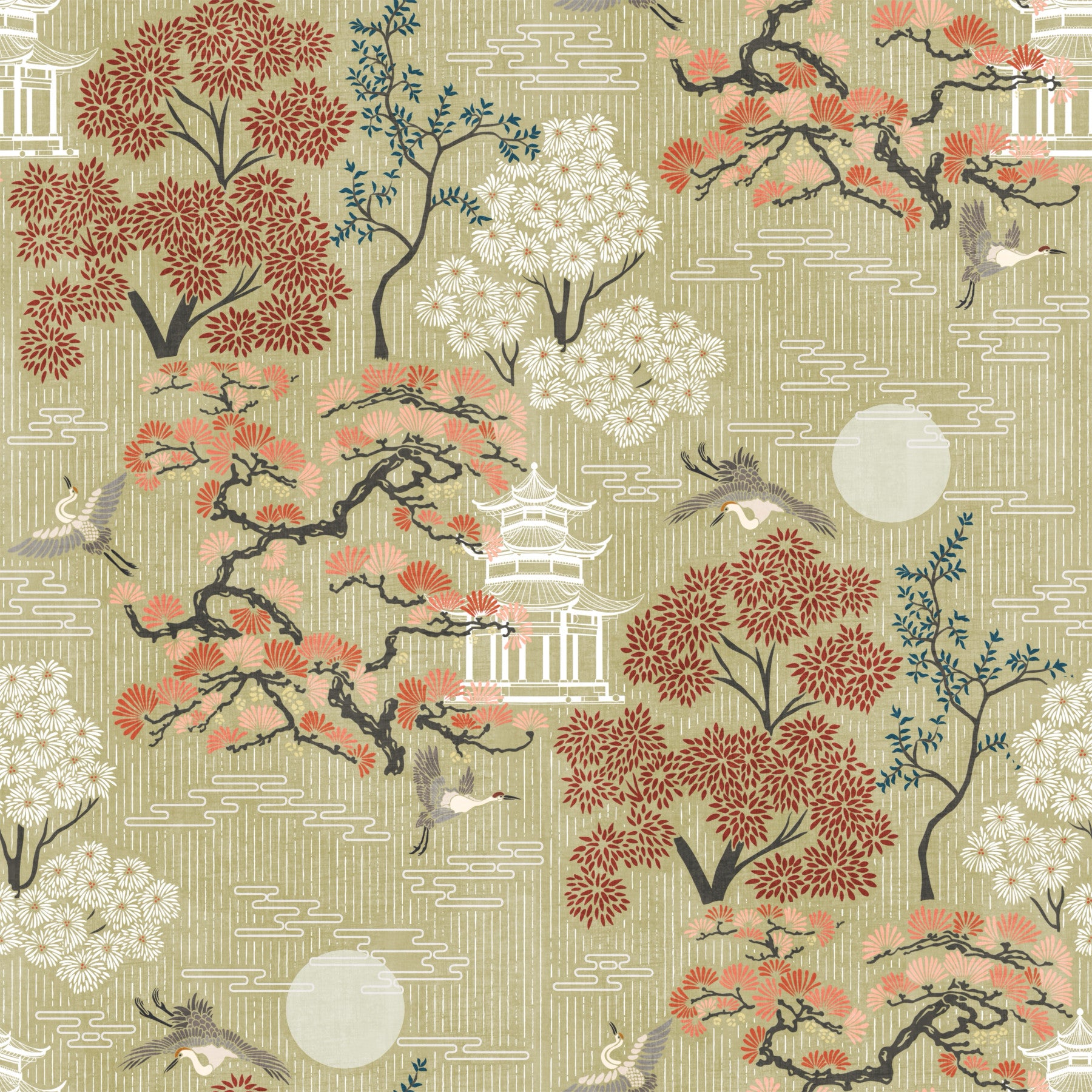 Oriental Crane and Pagoda Garden Wallpaper⁠