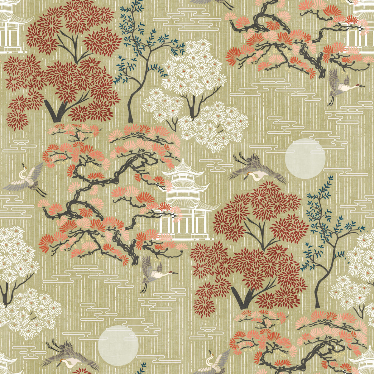 Oriental Crane and Pagoda Garden Wallpaper⁠ in your room