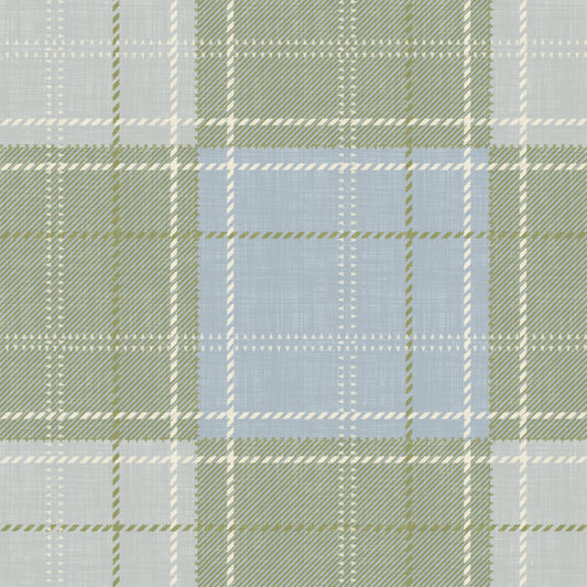 Heritage Plaid - Tartan Checkerboard Block Linen - Meadow Green & Blue Wallpaper⁠