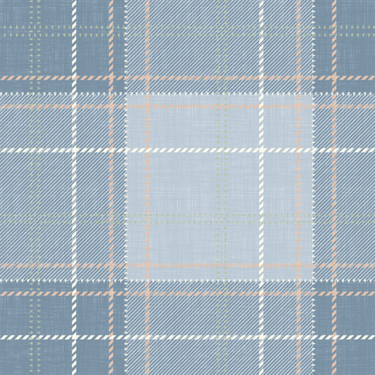 Heritage Plaid - Tartan Checkerboard Block Linen - French & Denim Blue Wallpaper⁠
