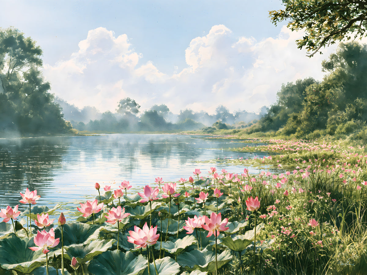 Pink Lotus Pond Landscape Wall Mural in your room — zoomed