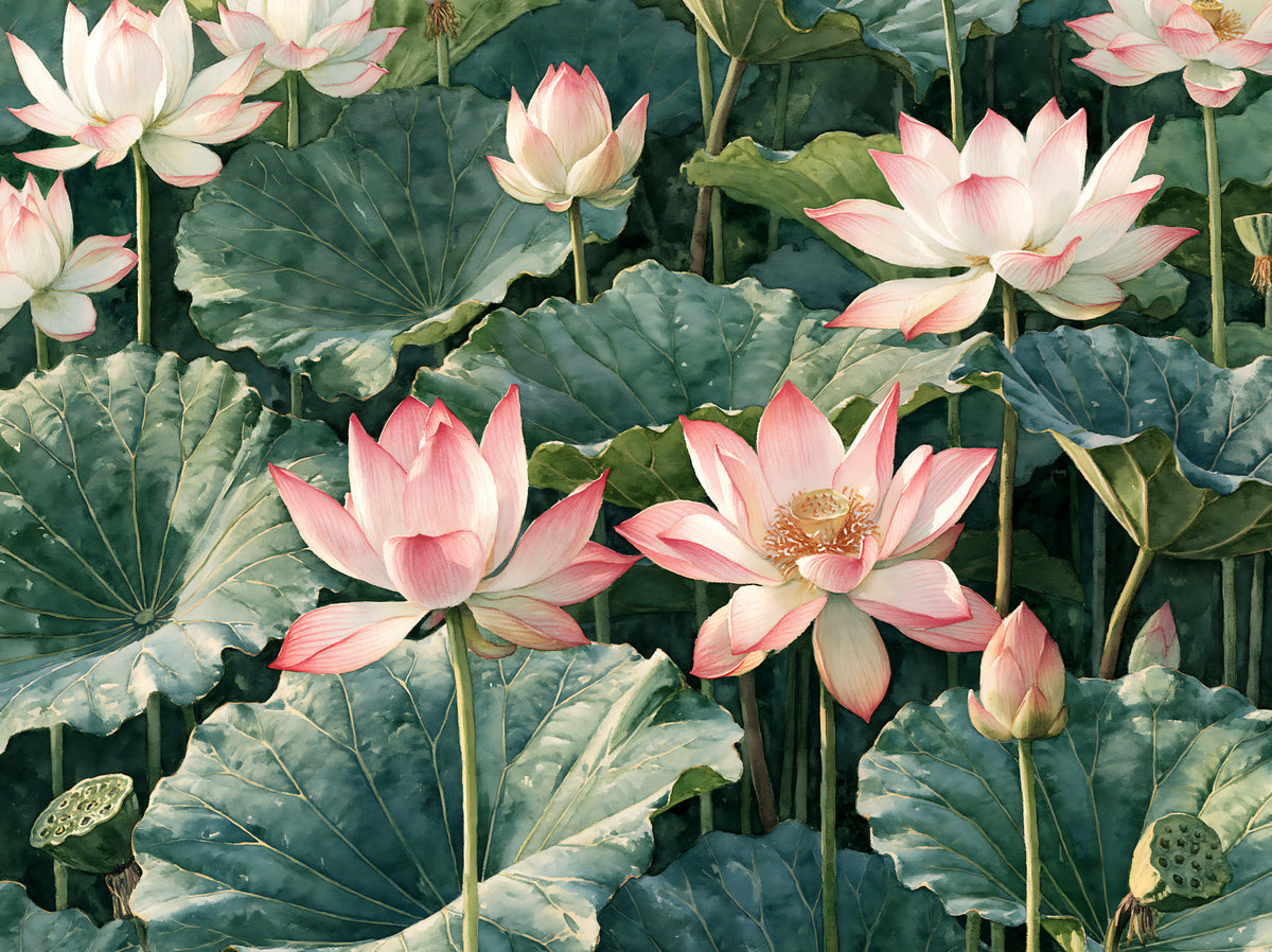 Serene Lotus Pond Botanical Illustration Wall Mural in your room