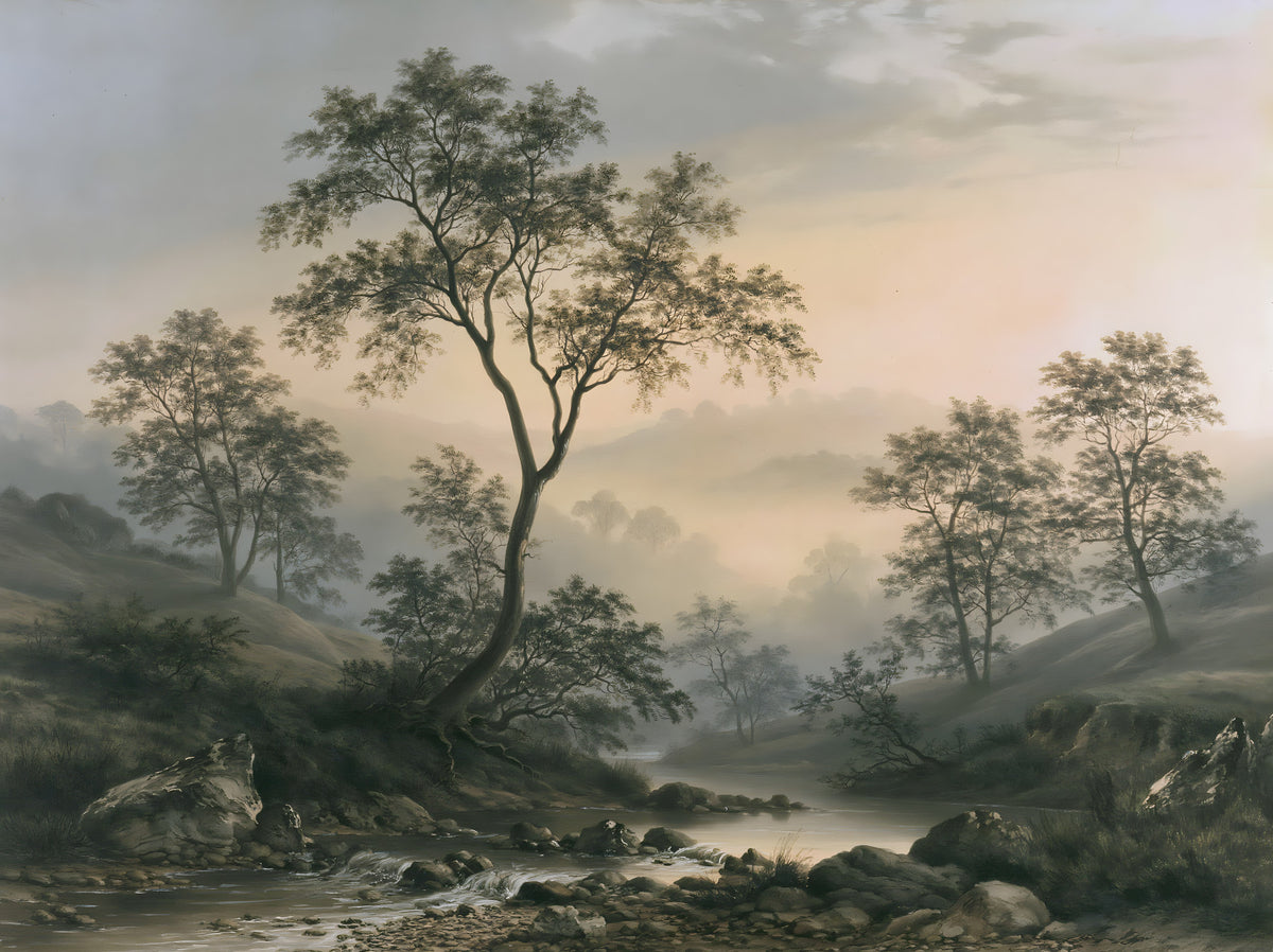 Misty River Valley Landscape Wall Mural in your room — zoomed